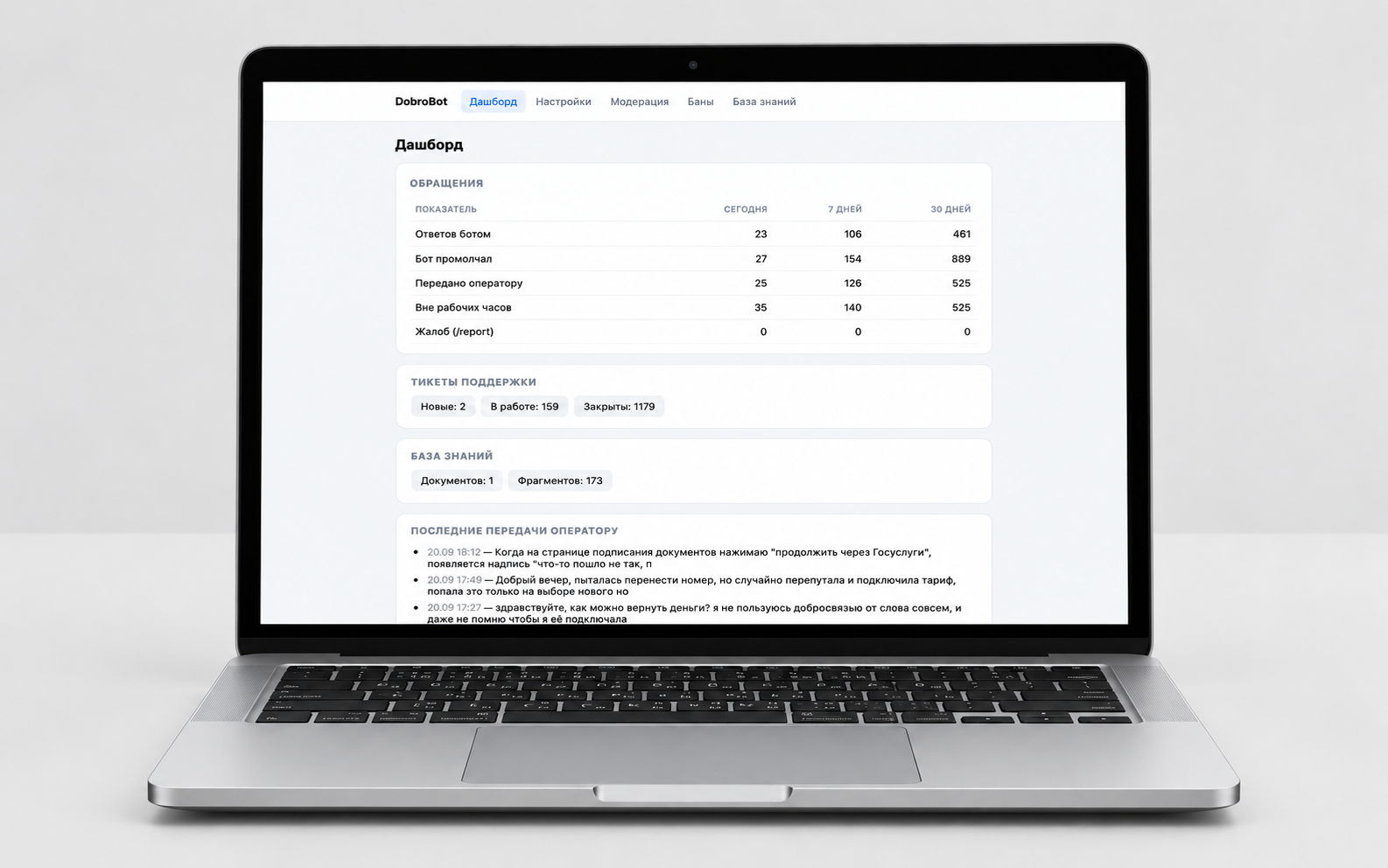 MacBook с дашбордом DobroBot — поддержка и обработка обращений